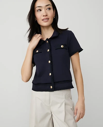 Ann Taylor Petite Tipped Fringe Button Top Night Sky Women's