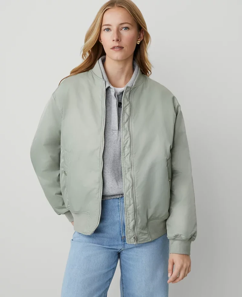 Ann Taylor Petite Weekend Collection Bomber Jacket Silver Sage Women's