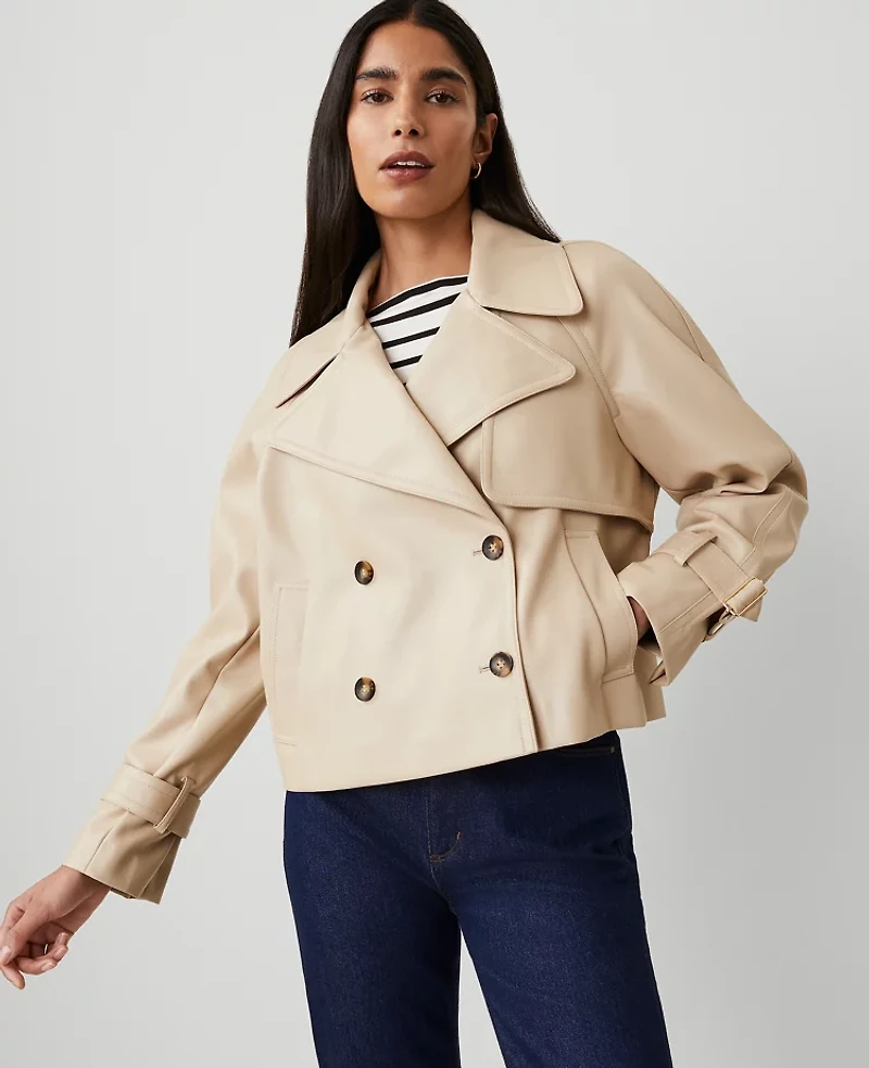 Ann Taylor Faux Leather Cropped Trench Jacket Size Medium Toasted Oat Women's