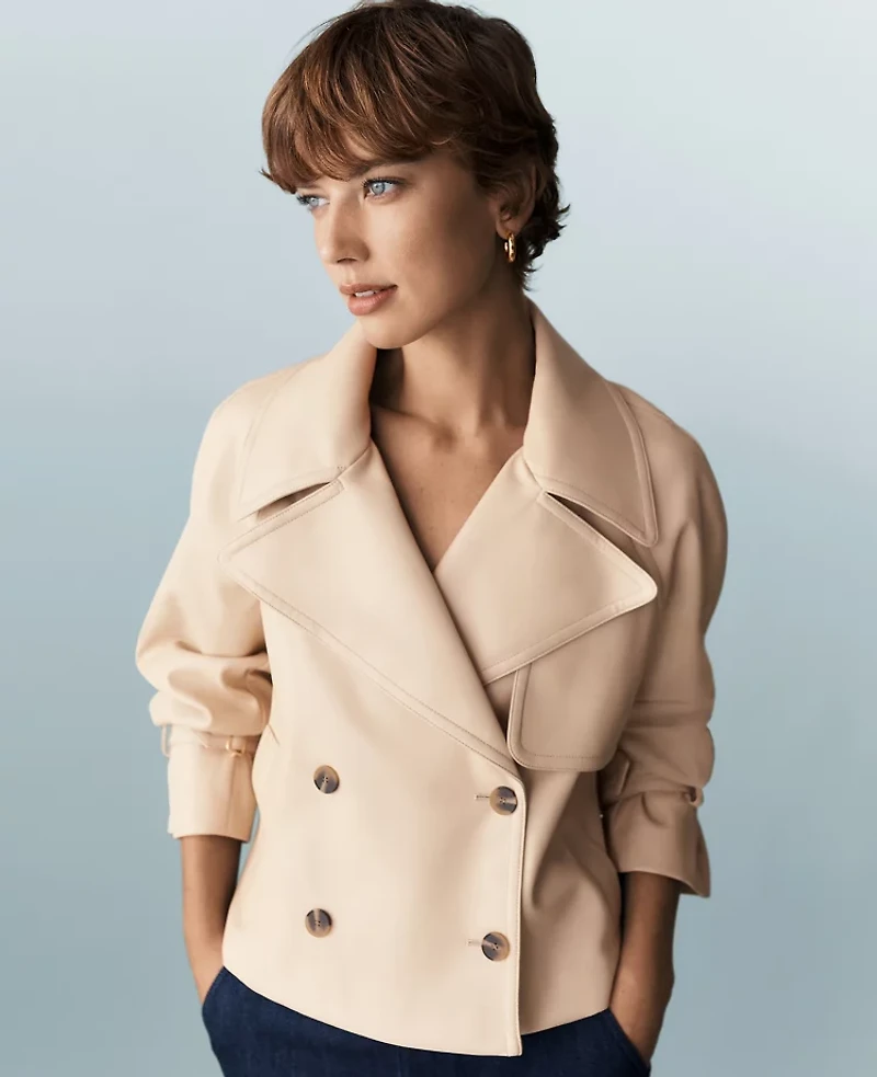 Ann Taylor Faux Leather Cropped Trench Jacket Size Medium Toasted Oat Women's