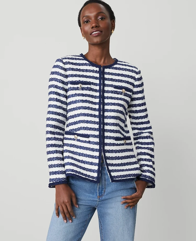 Ann Taylor Striped Boucle Tweed Fitted Jacket Blue/White Combo Women's