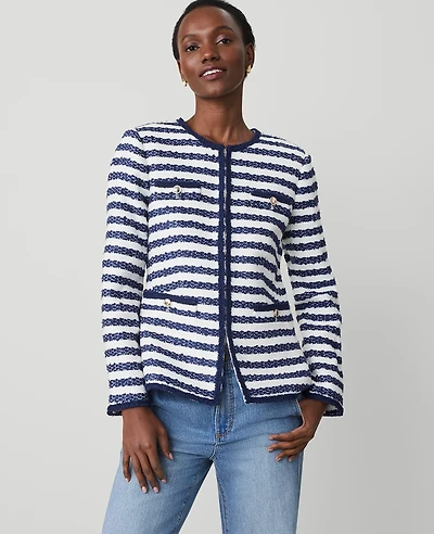 Ann Taylor Striped Boucle Tweed Fitted Jacket Blue/White Combo Women's