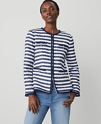 Ann Taylor Striped Boucle Tweed Fitted Jacket Blue/White Combo Women's