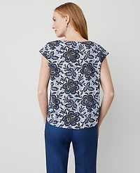 Ann Taylor Floral Boatneck Shirttail Blouse Colony Blue Women's