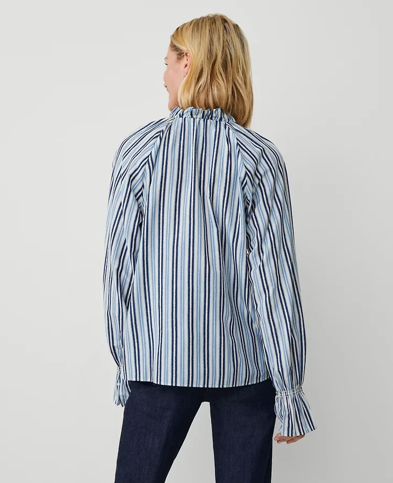 Ann Taylor Striped Ruffle Raglan Popover Top Size XS Soft Indigo Women's