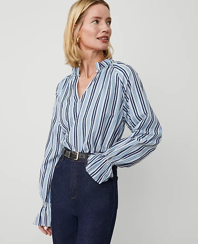 Ann Taylor Striped Ruffle Raglan Popover Top Size XS Soft Indigo Women's