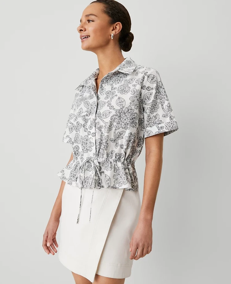 Ann Taylor Weekend Collection Paisley Tie Waist Peplum Shirt Size Medium Winter White Women's