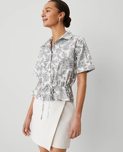 Ann Taylor Weekend Collection Paisley Tie Waist Peplum Shirt Size XS Winter White Women's