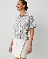 Ann Taylor Weekend Collection Paisley Tie Waist Peplum Shirt Size Medium Winter White Women's