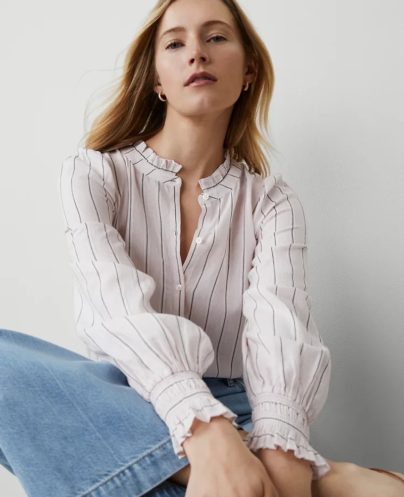 Ann Taylor Striped Cutout Smocked Cuff Blouse Pink / Navy Women's