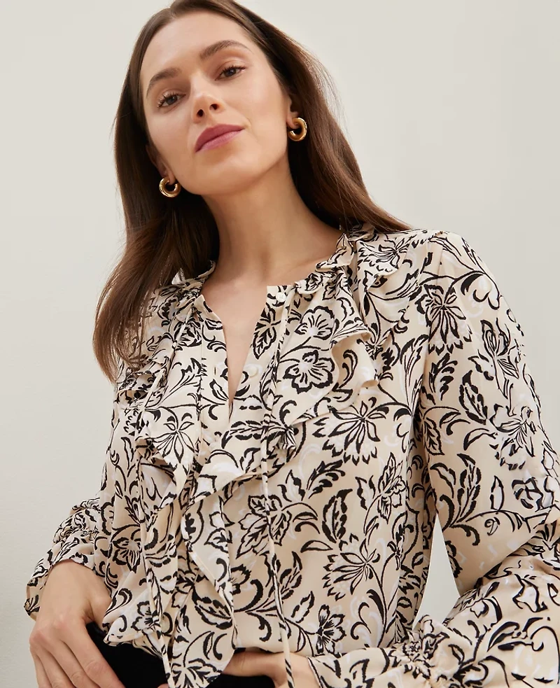 Ann Taylor Floral Tie Neck Ruffle Popover Top Size Large Sands Edge Women's