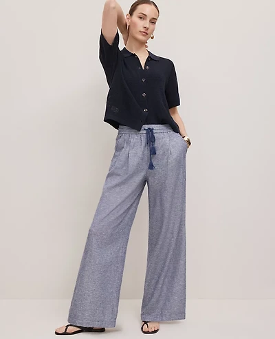 Ann Taylor Weekend Collection Pull-On Wide-Leg Pant Linen Blend Navy Pebble Women's