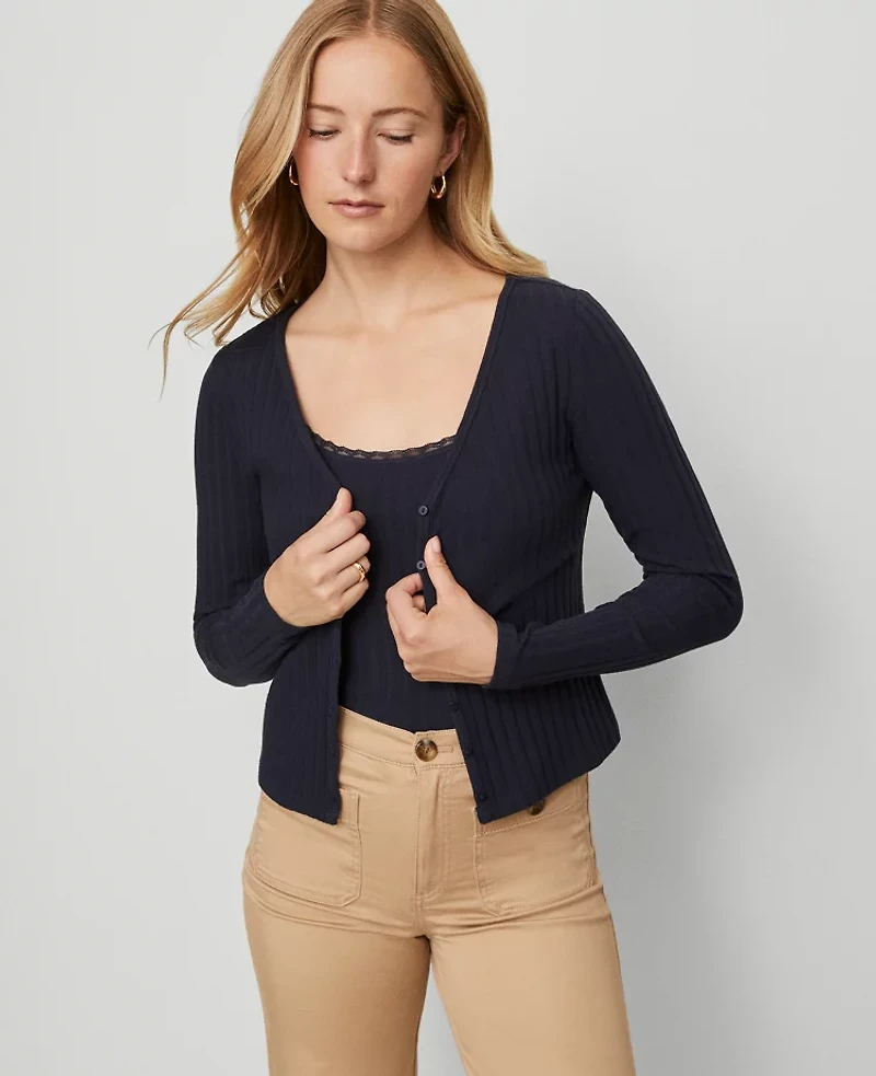 Ann Taylor Weekend Collection Ribbed V-Neck Cardigan Night Sky Women's