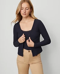 Ann Taylor Weekend Collection Ribbed V-Neck Cardigan Night Sky Women's