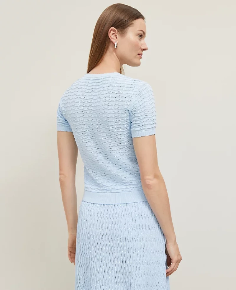 Ann Taylor Petite Wavy Stitch Scalloped Sweater T-Shirt Zephyr Blue Women's
