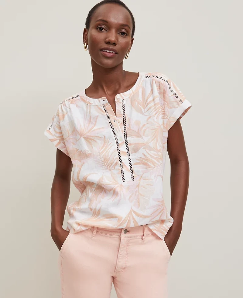 Ann Taylor Floral Cutout Linen Popover Top Blush Women's