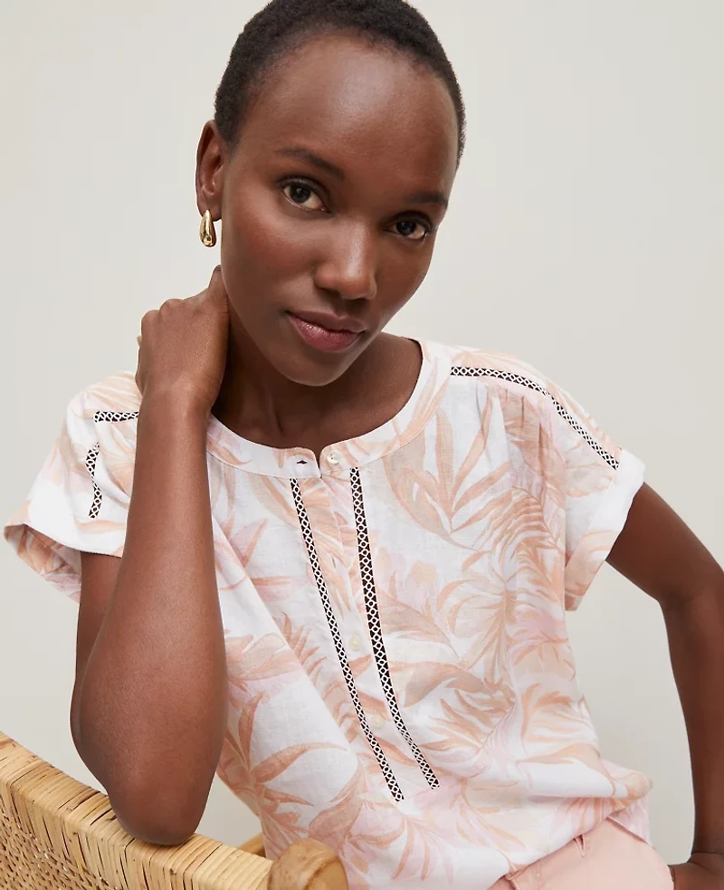 Ann Taylor Floral Cutout Linen Popover Top Blush Women's