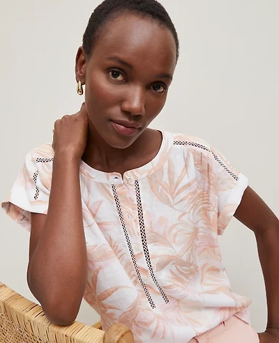 Ann Taylor Floral Cutout Linen Popover Top Size Small Blush Women's