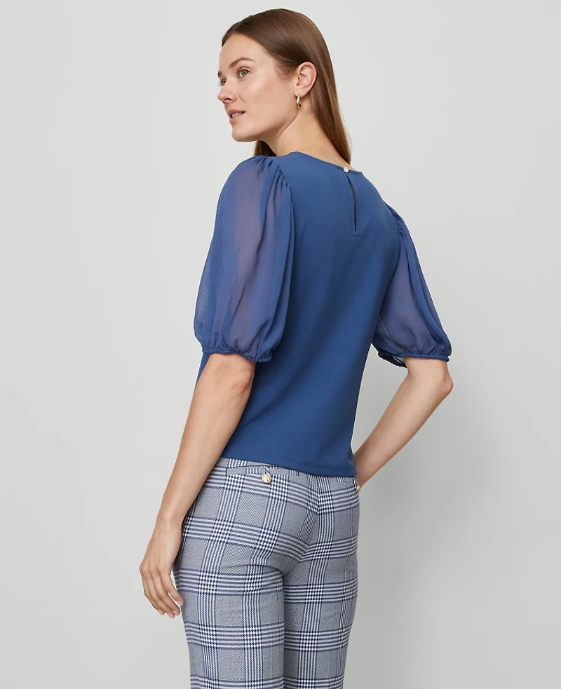 Ann Taylor Mixed Media Pleated Sleeve Top Faded Denim Women's