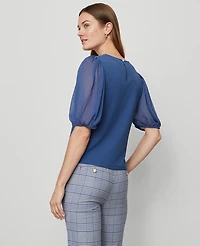 Ann Taylor Mixed Media Pleated Sleeve Top Faded Denim Women's