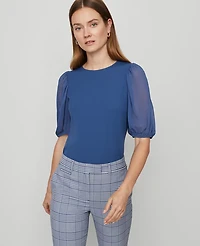 Ann Taylor Mixed Media Pleated Sleeve Top Faded Denim Women's