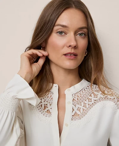 Ann Taylor Lace Trim Blouse Winter White Women's