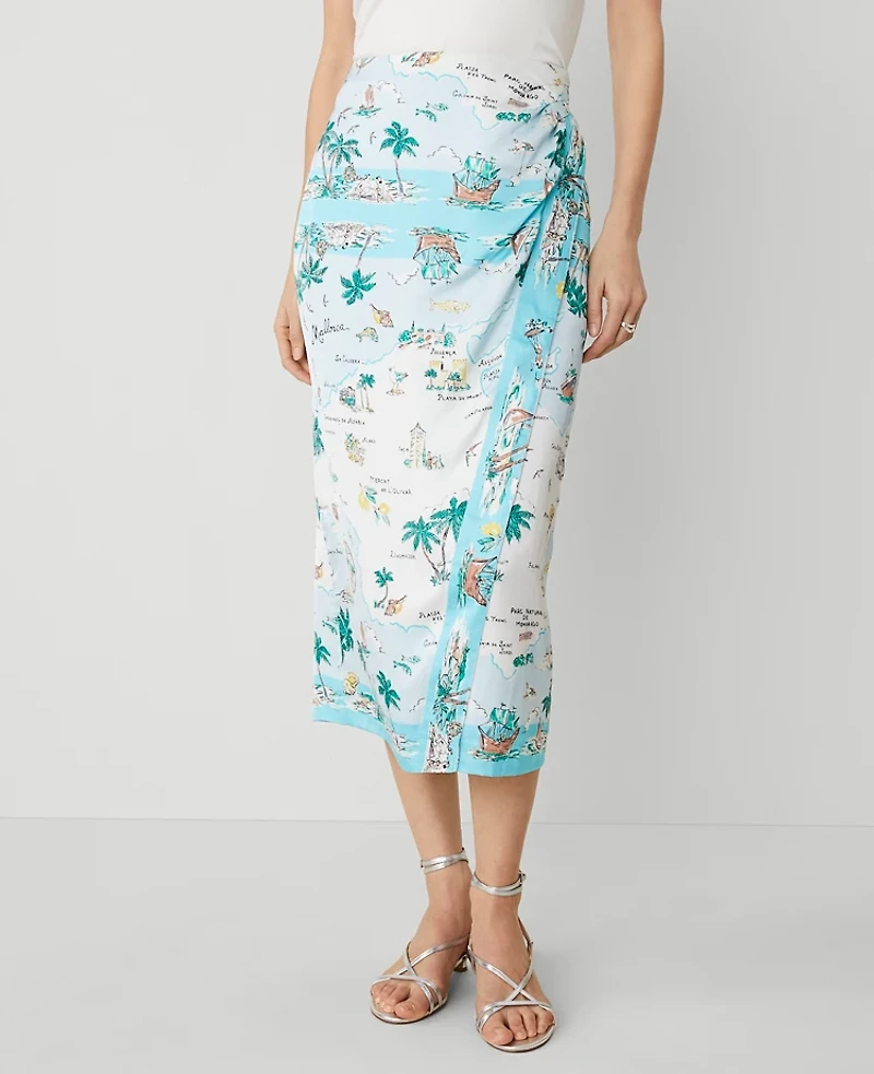 Ann Taylor Petite Map Print Wrap Skirt Size 4 Blue Glow Women's
