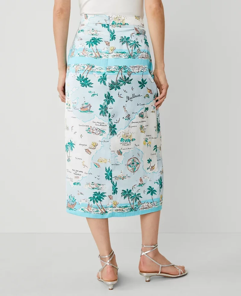Ann Taylor Petite Map Print Wrap Skirt Size 4 Blue Glow Women's