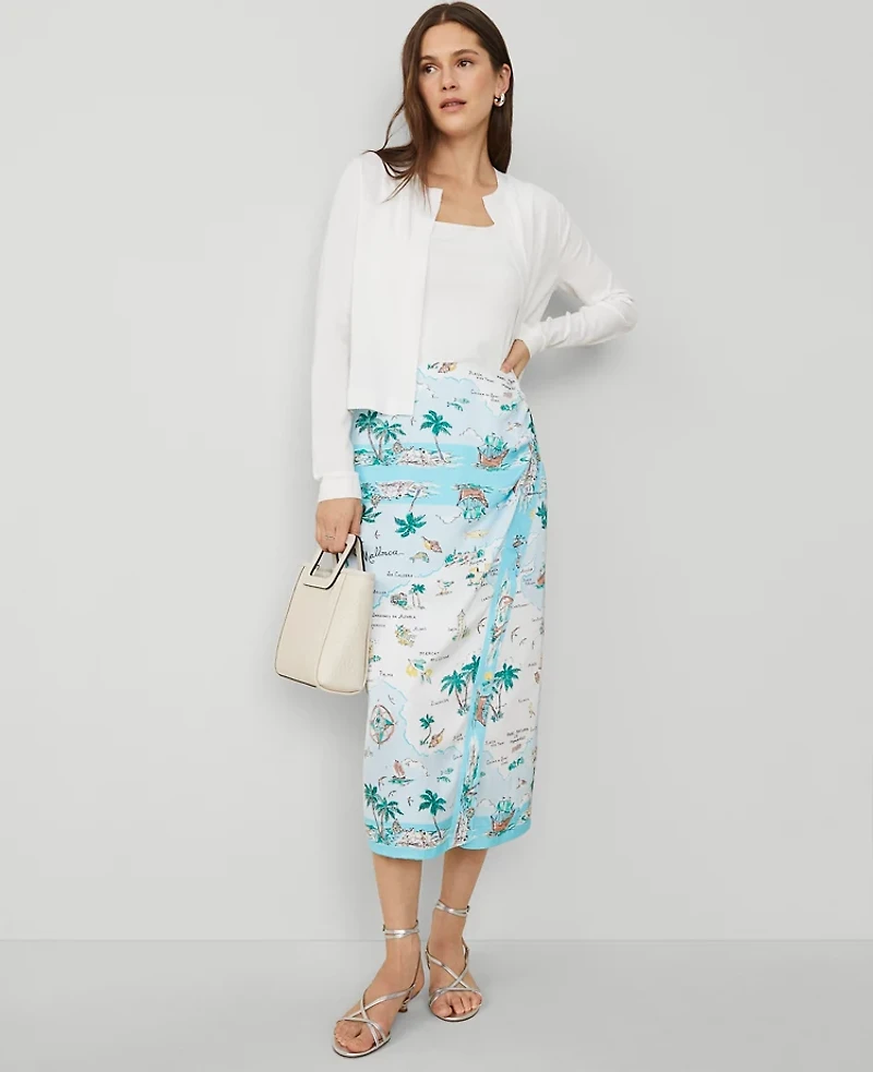Ann Taylor Petite Map Print Wrap Skirt Size 4 Blue Glow Women's