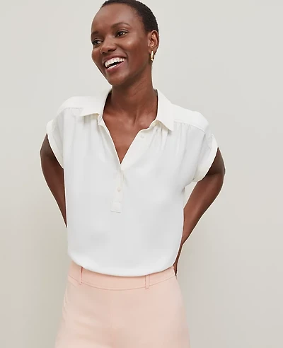 Ann Taylor Split Neck Popover Top Size Large Winter White Women's