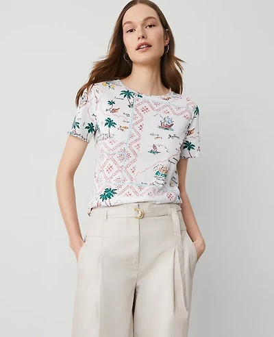 Ann Taylor Petite Map Print Crew Neck T-Shirt Size XL Burnt Mauve Women's