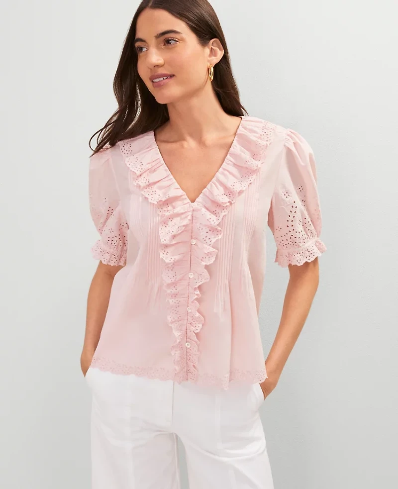 Ann Taylor Weekend Collection Embroidered Ruffle Top Women's