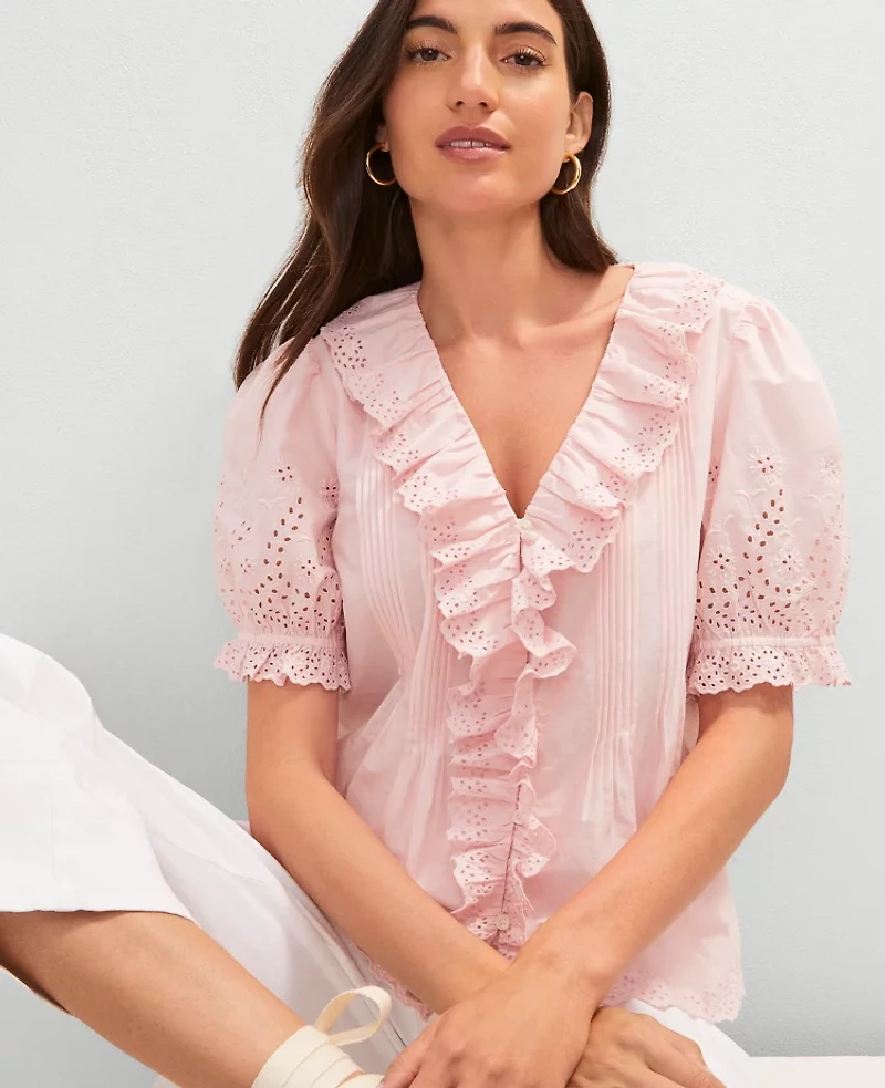 Ann Taylor Weekend Collection Embroidered Ruffle Top Women's