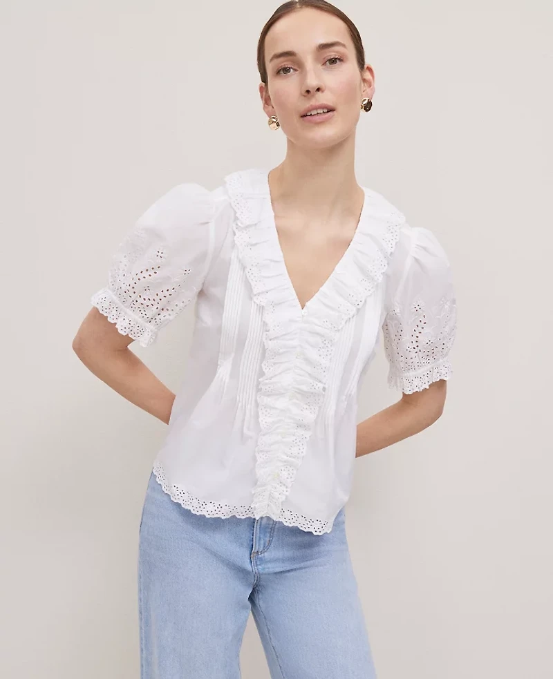 Ann Taylor Weekend Collection Embroidered Ruffle Top Women's