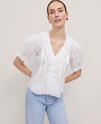 Ann Taylor Weekend Collection Embroidered Ruffle Top Women's