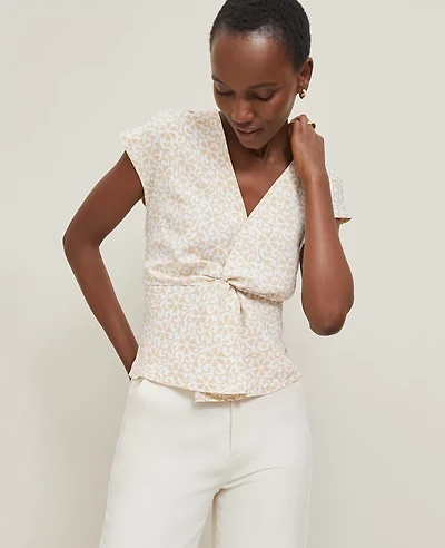 Ann Taylor Floral Knotted V-Neck Top Sands Edge Women's
