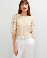 Ann Taylor Embroidered Puff Sleeve Top Sands Edge Women's