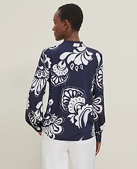 Ann Taylor Floral Scalloped Mixed Media Top Size Small Night Sky Women's