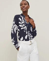 Ann Taylor Floral Scalloped Mixed Media Top Size Small Night Sky Women's