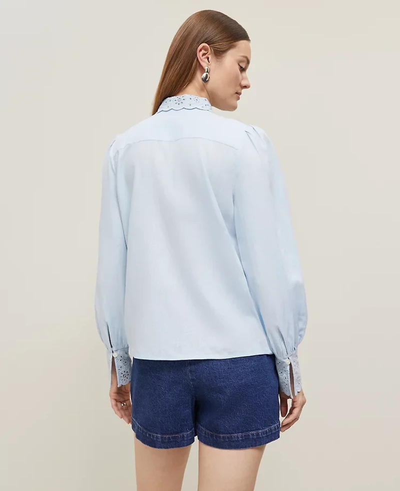 Ann Taylor Petite Embroidered Linen Blend Pocket Shirt Zephyr Blue Women's