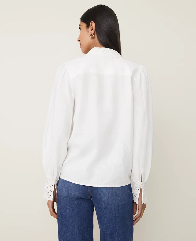 Ann Taylor Petite Embroidered Linen Blend Pocket Shirt Small Women's