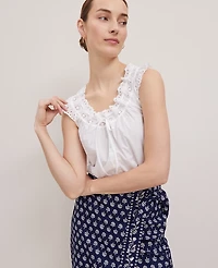 Ann Taylor Weekend Collection Eyelet Tie Neck Top White Women's