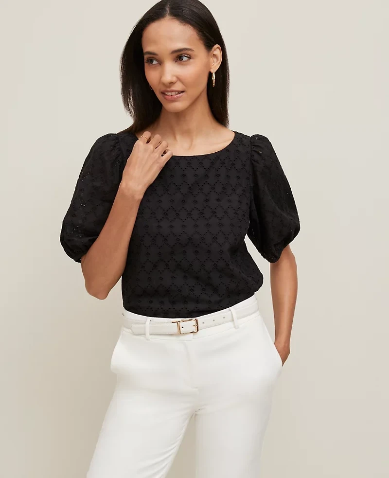 Ann Taylor Eyelet Boatneck Popover Top Size XL Black Women's