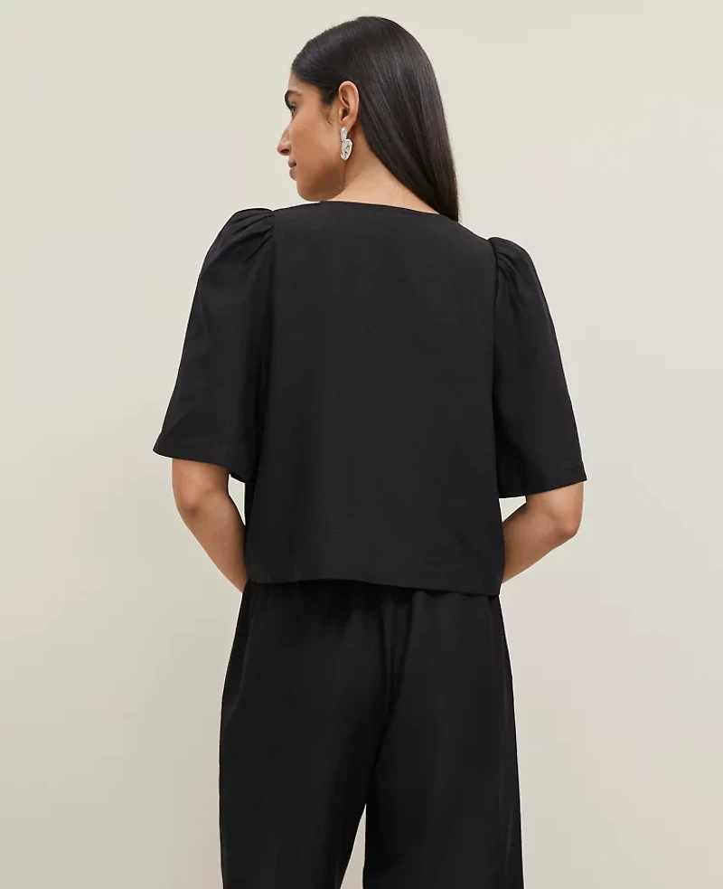 Ann Taylor Triple Tie Linen Blend Blouse Size Large Black Women's