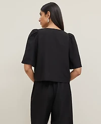 Ann Taylor Triple Tie Linen Blend Blouse Size Large Black Women's