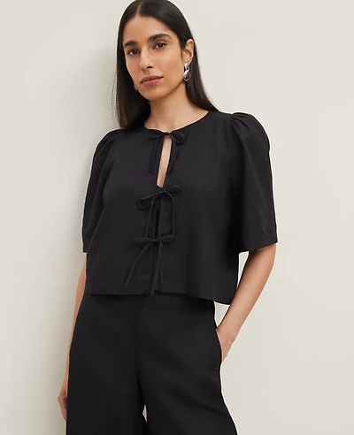 Ann Taylor Triple Tie Linen Blend Blouse Size Large Black Women's