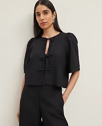 Ann Taylor Triple Tie Linen Blend Blouse Size Large Black Women's