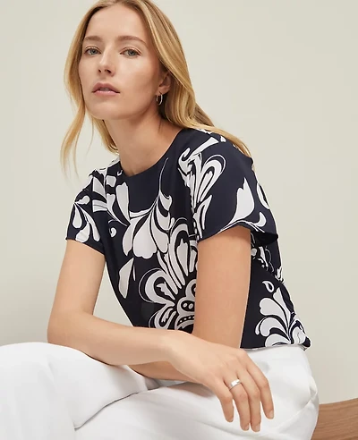 Ann Taylor Floral Mixed Media T-Shirt Night Sky Women's
