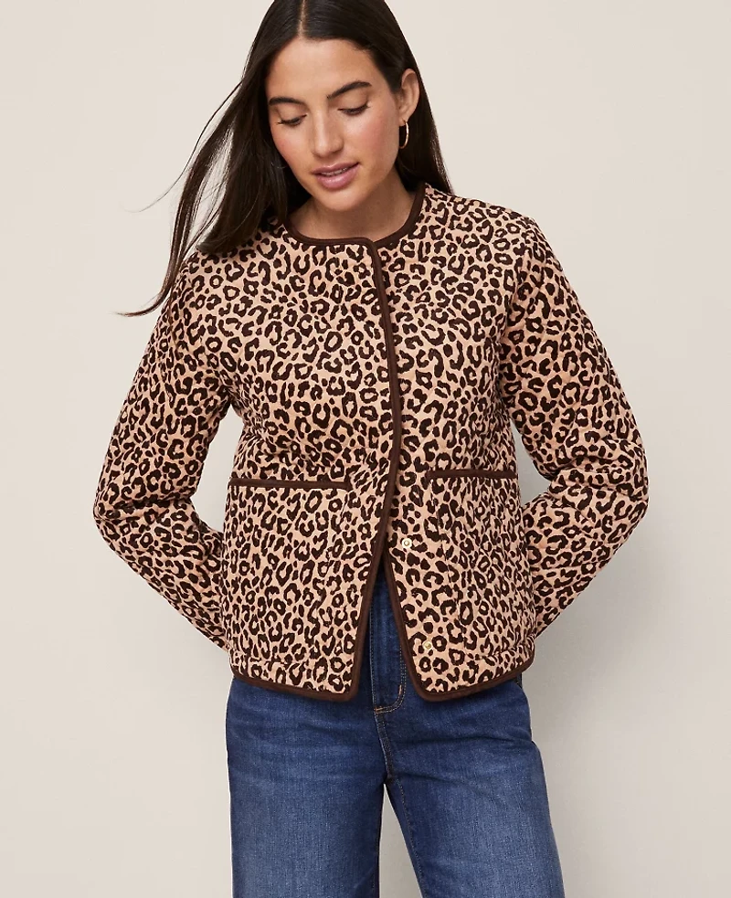 Ann Taylor Weekend Collection Animal Print Quilted Jacket Cafe Au Lait Women's