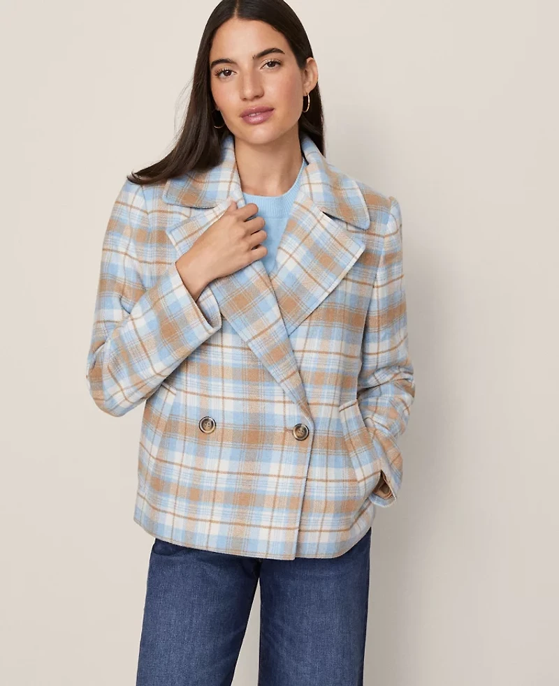 Ann Taylor Weekend Collection Plaid Short Trench Coat Park Fountain Women's